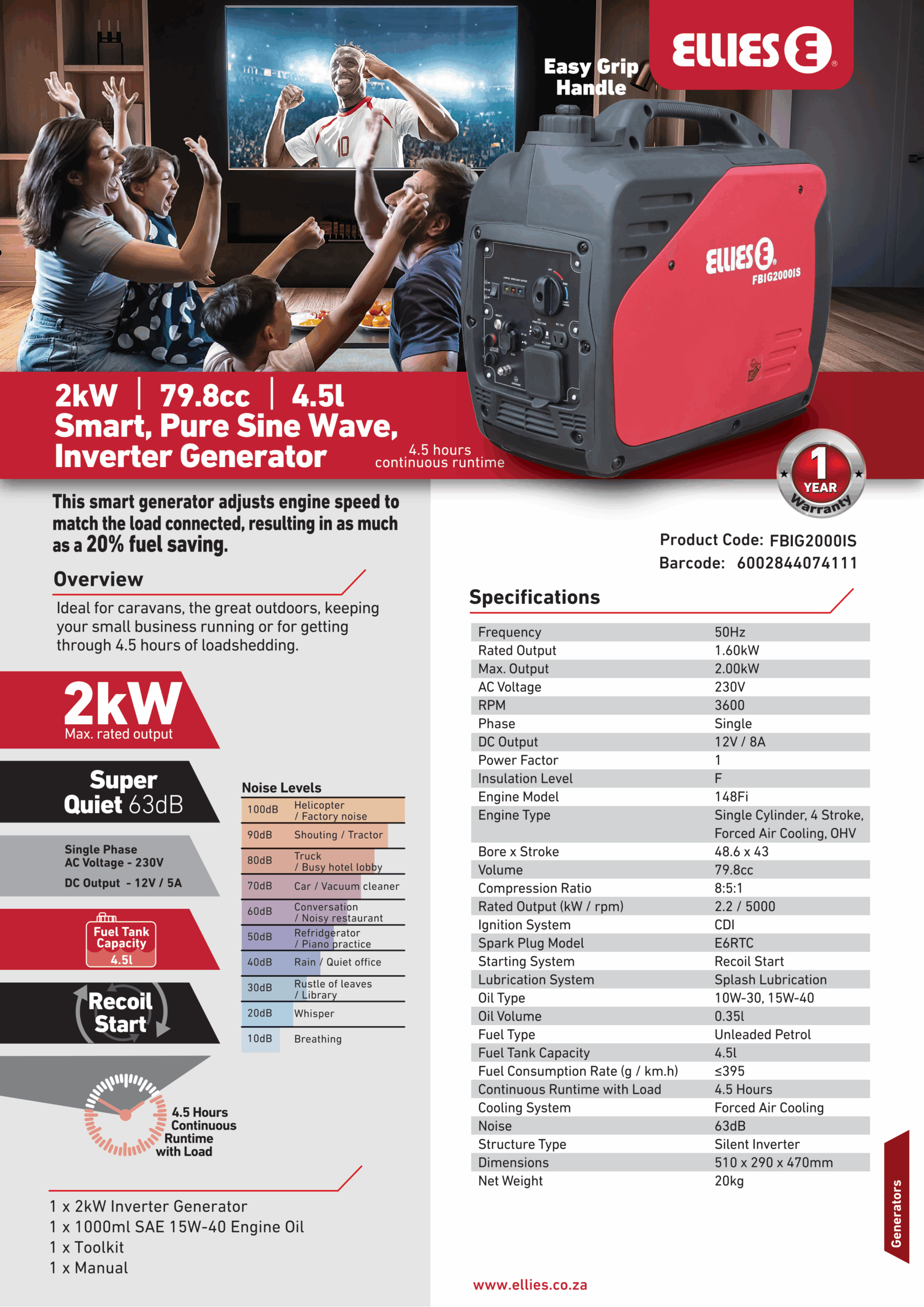 2kW 79.8cc 4.5l Smart, Pure Sine Wave, Inverter Generator