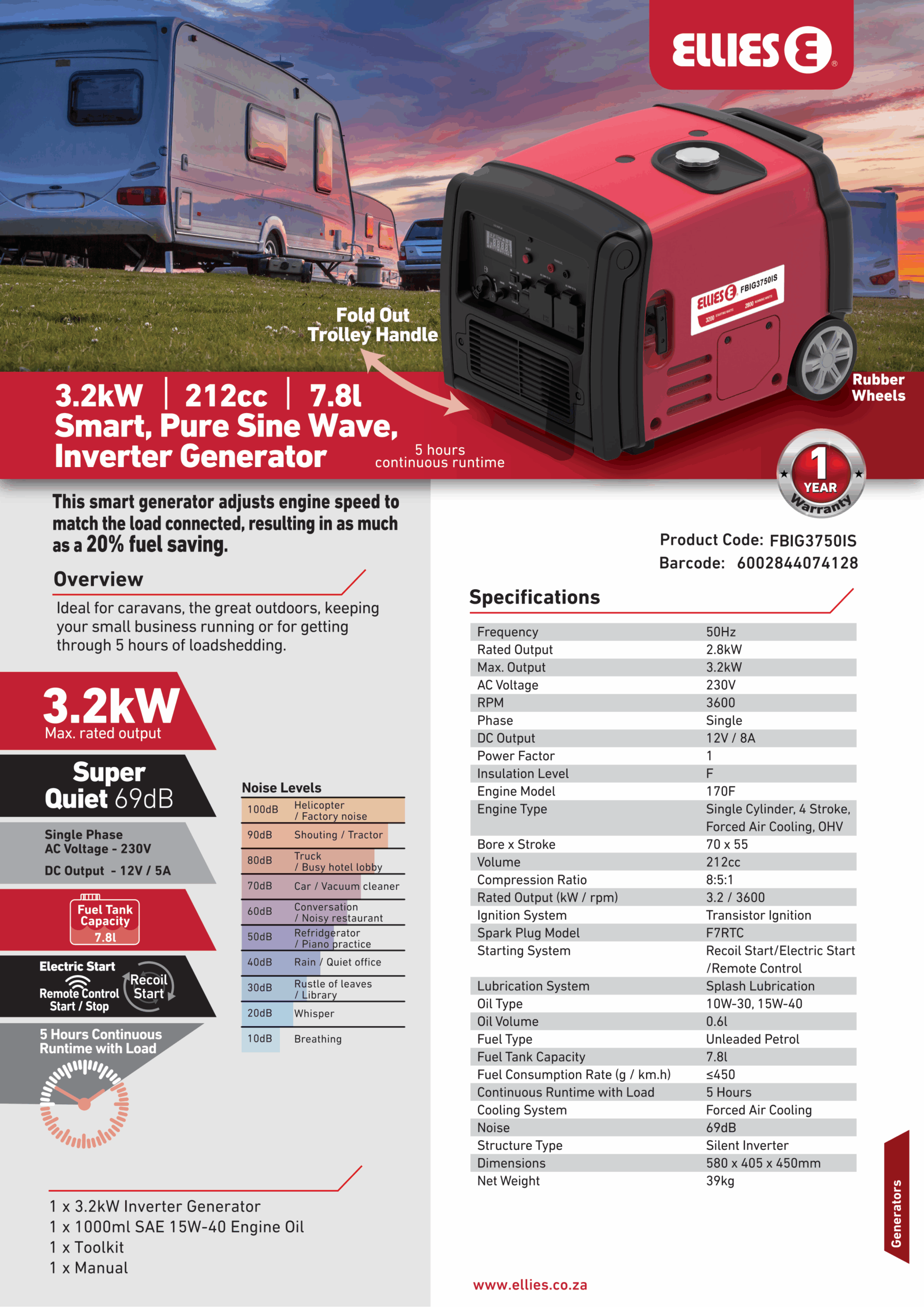 3.2kW 212cc 7.8l Smart, Pure Sine Wave, Inverter Generator