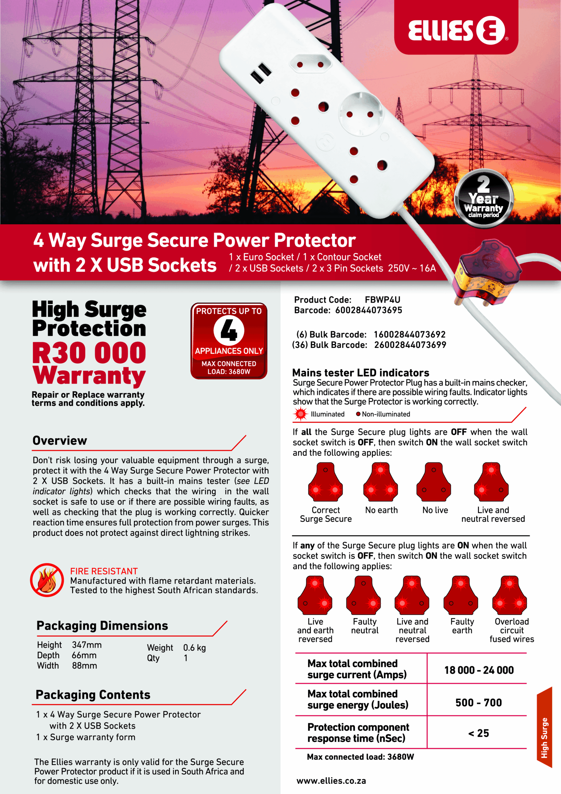4 Way Surge Secure Power Protector with 2 x USB Sockets