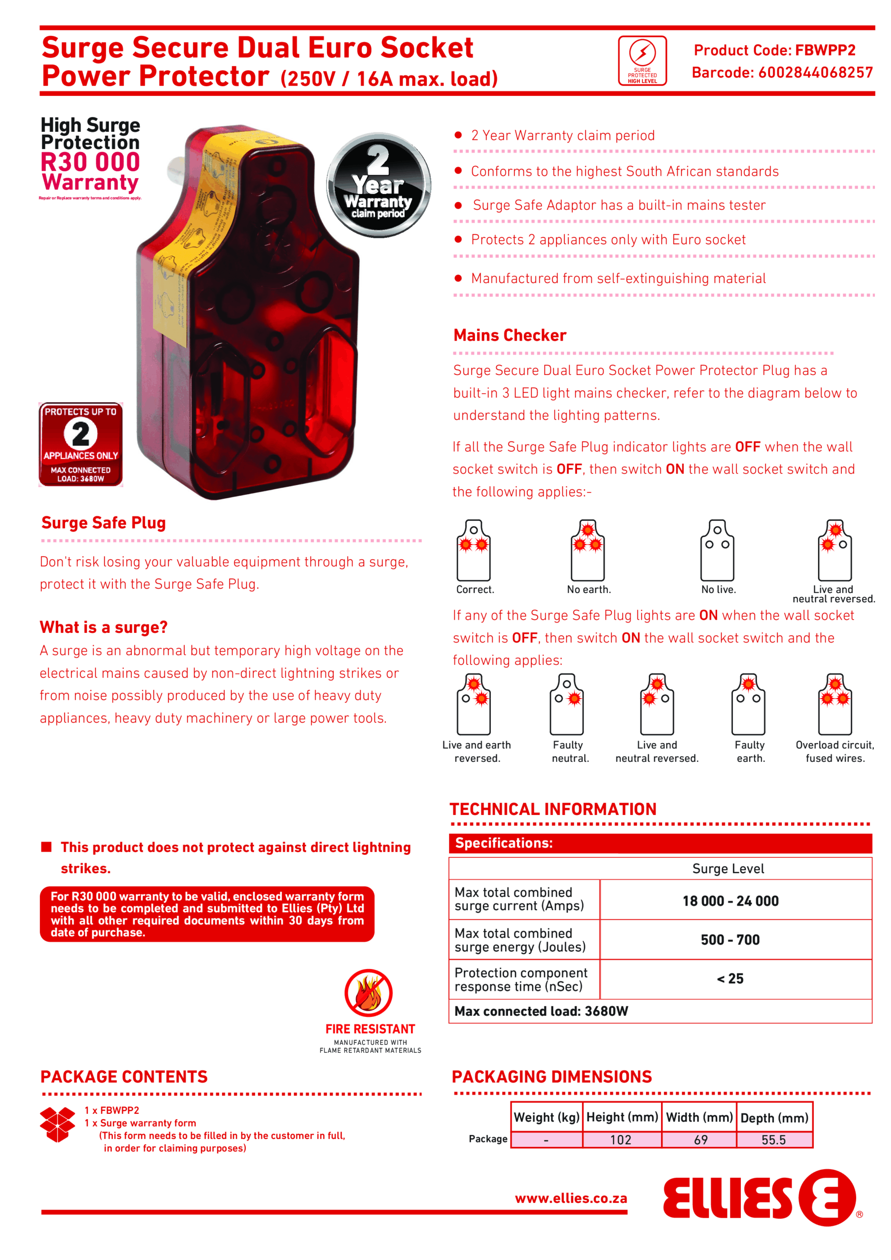 Surge Secure Dual Euro Socket Power Protector (250/16A max. load)