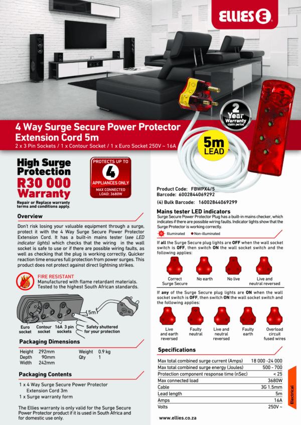4 Way Surge Safe Power Protector Extension Cord 5m