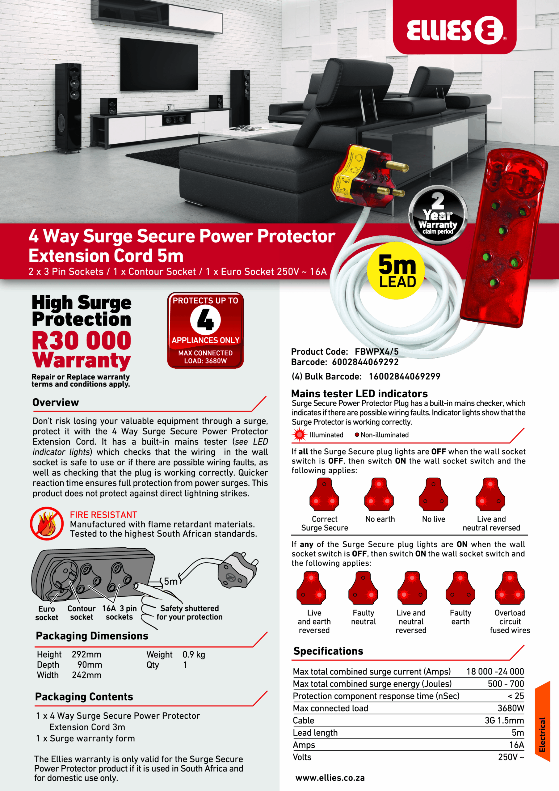 4 Way Surge Safe Power Protector Extension Cord 5m