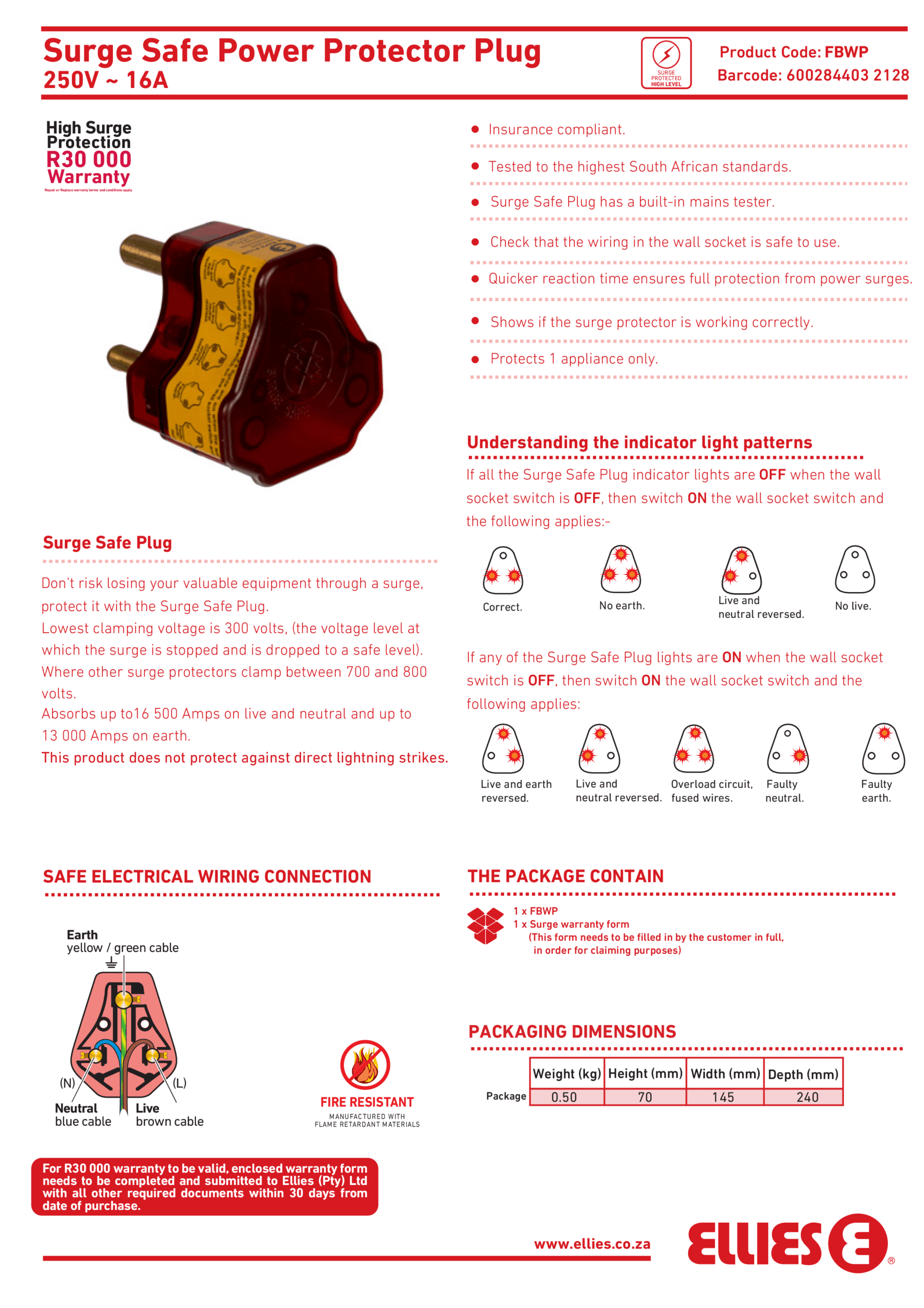 Surge Safe Power Protector Plug 250V~16A