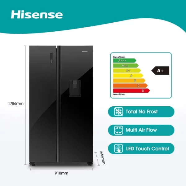 Hisense 514L Side By Side Fridge, Black Glass H670SMIB-WD - Image 3