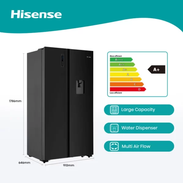 Hisense 514L Side By Side Fridge, Black Glass H670SMIB-WD - Image 2